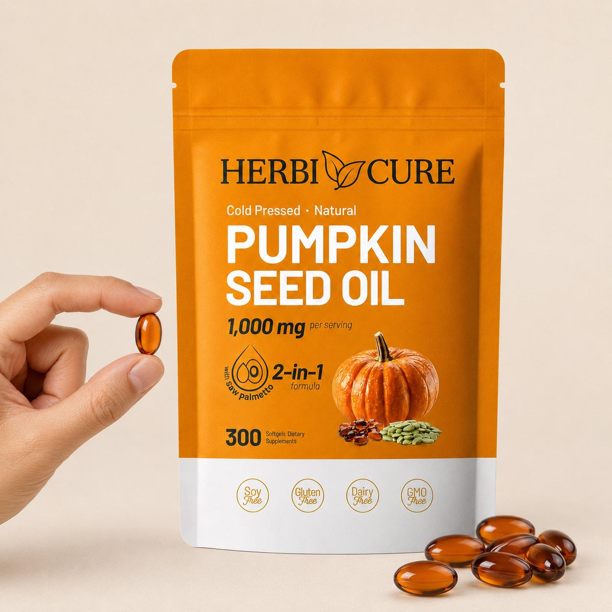 A hand holding a single amber HerbiCure pumpkin seed oil softgel beside the 300-softgel pouch