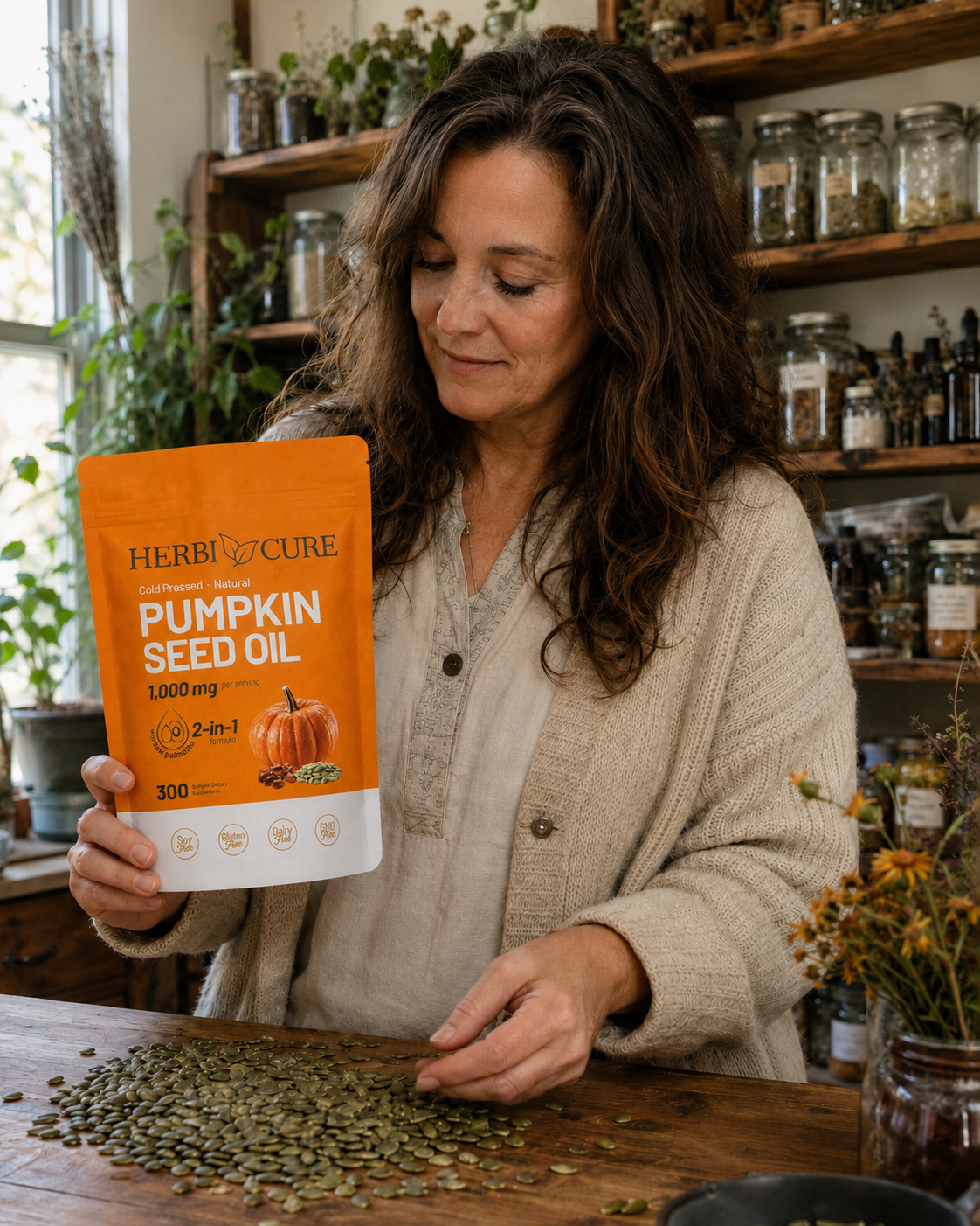 HerbiCure herbal specialist holding the pumpkin seed oil pouch