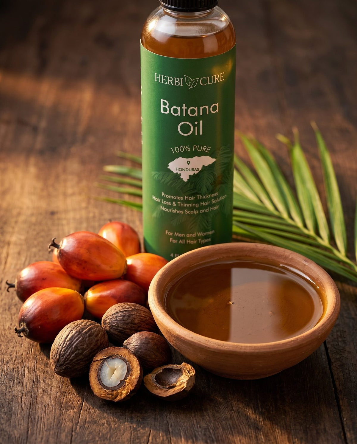 American oil palm fruit and nuts beside a bowl of batana oil