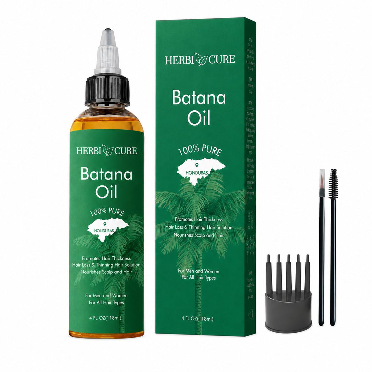HerbiCure Batana Oil 118ml bottle, box and applicators