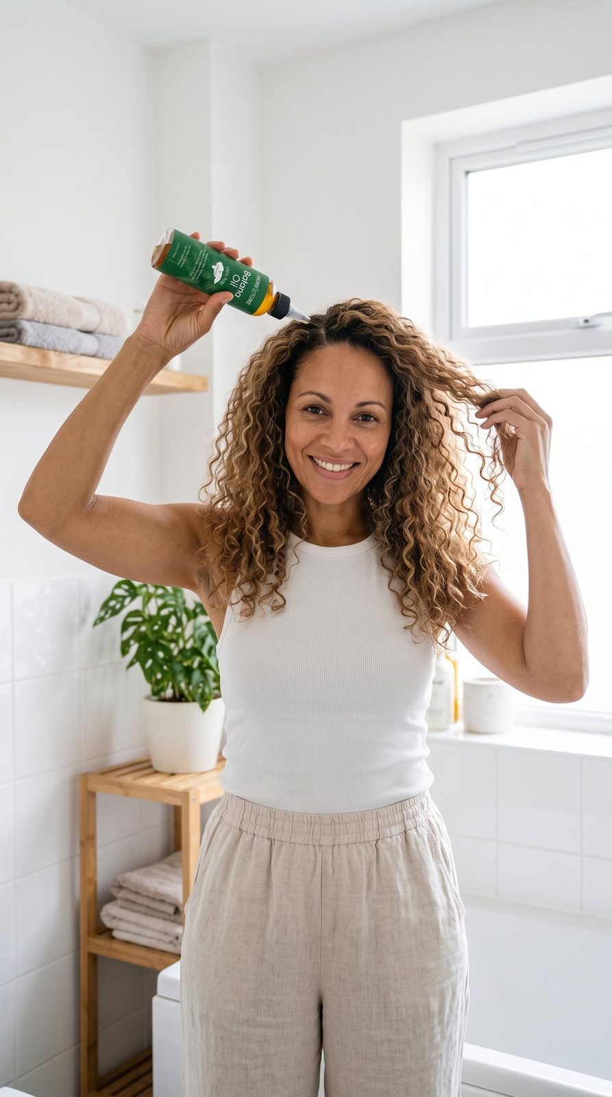 Woman applying batana oil at her parting