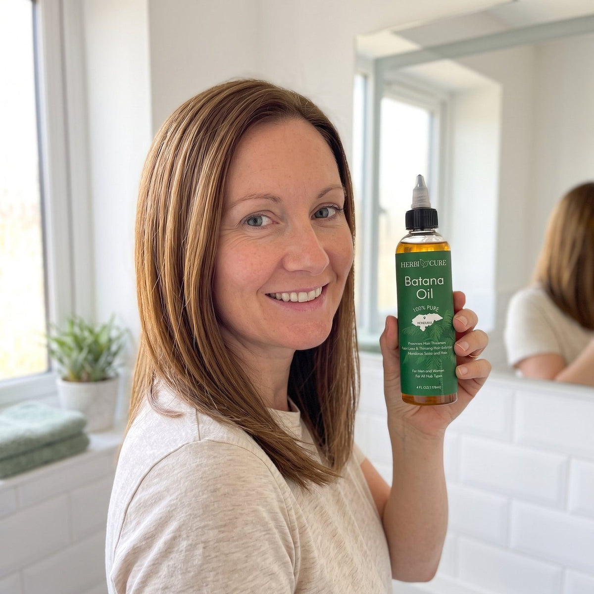 Woman holding HerbiCure Batana Oil in her bathroom
