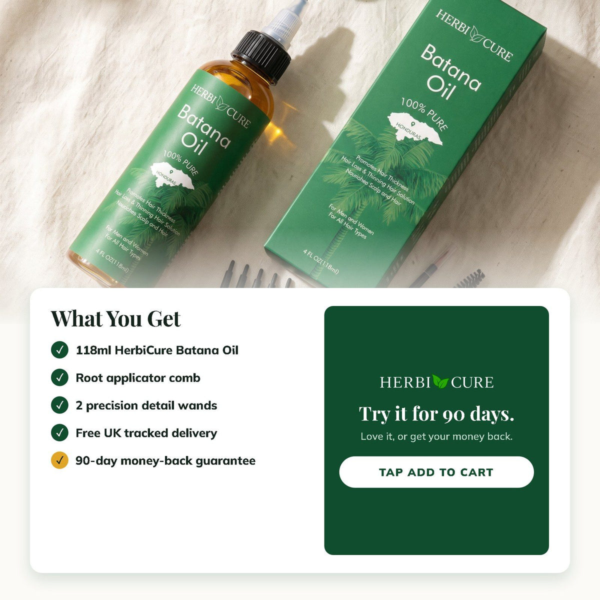 What you get: bottle, applicator comb, 2 wands, free UK delivery, 90-day guarantee