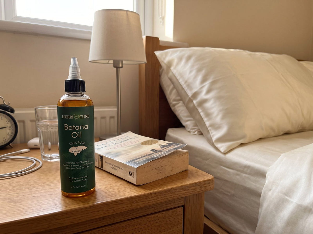 HerbiCure Batana Oil on a bedside table beside a silk pillowcase