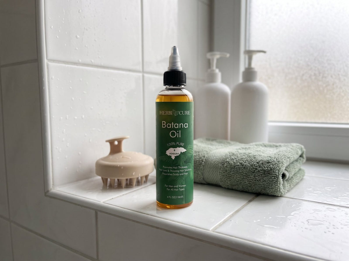 HerbiCure Batana Oil on a bathroom shelf with a scalp brush and towel