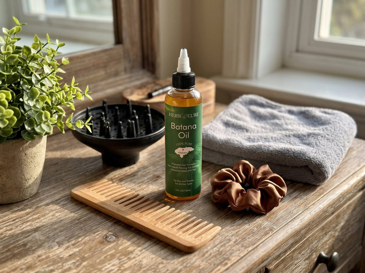 HerbiCure Batana Oil with a curly-hair routine: wide-tooth comb, diffuser and satin scrunchie