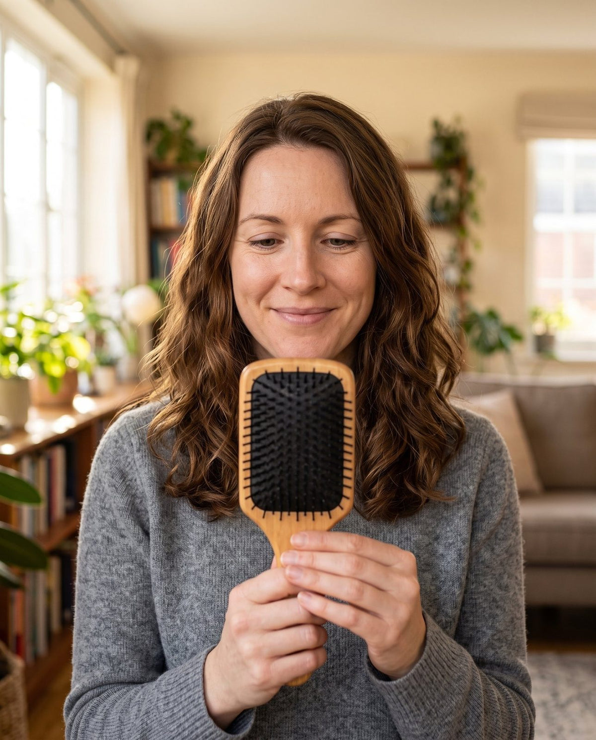 Woman looking at an almost clean hairbrush
