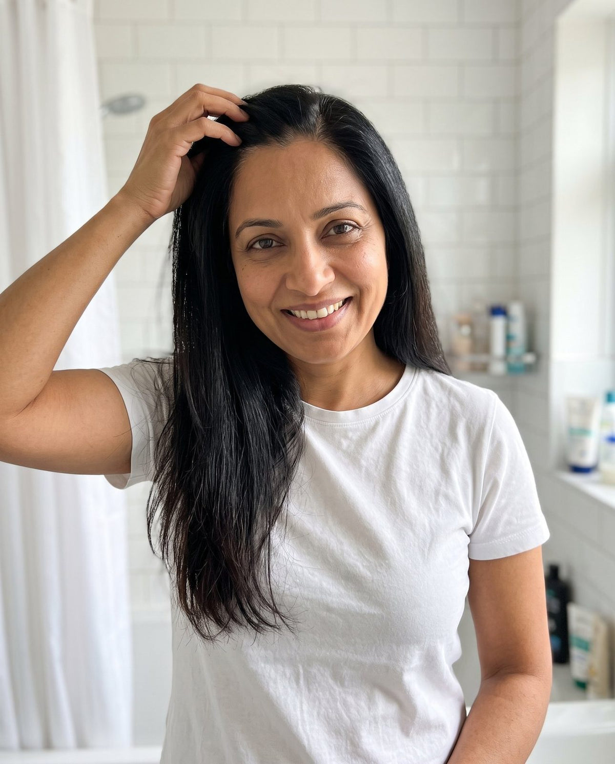 Woman checking her hairline