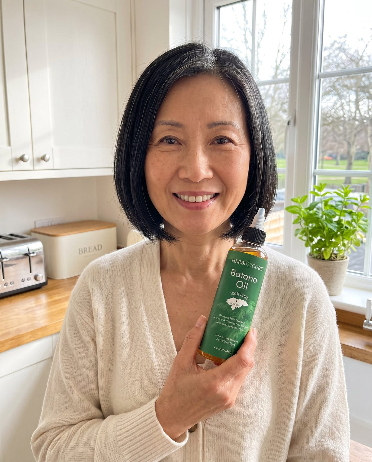 Woman holding HerbiCure Batana Oil in her kitchen