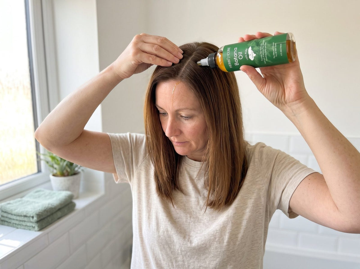 Applying batana oil along the hair parting with the precision nozzle