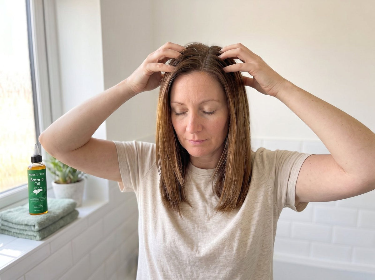 Massaging the oil into the scalp with fingertips